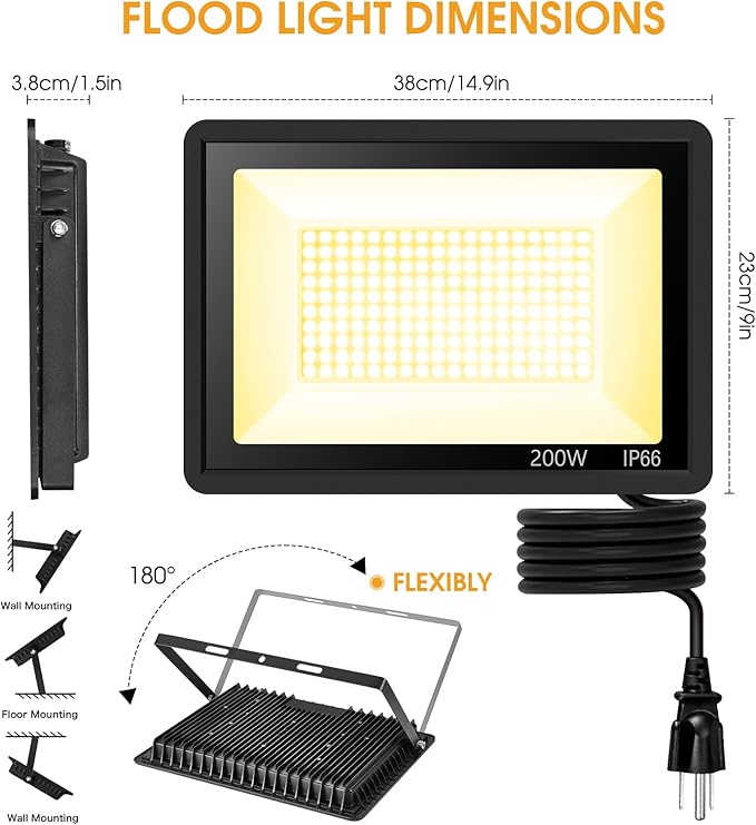 2 Pack 200W Warm White Led Flood Lights Outdoor,3000K Super Bright 15500LM Security Lights with Plug,Exterior IP66 Waterproof FloodLight for Basketball Court, Yard, Garden, Playground