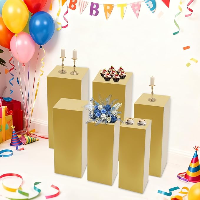 OUKANING 6 PCS Metal Display Pedestal Stands, Gold Square Display Stands Pillars, Decoration Cube Sculpture Display Column for Wedding Party Baby Shower Birthday, H31.49'', 25.59'', 23.62''