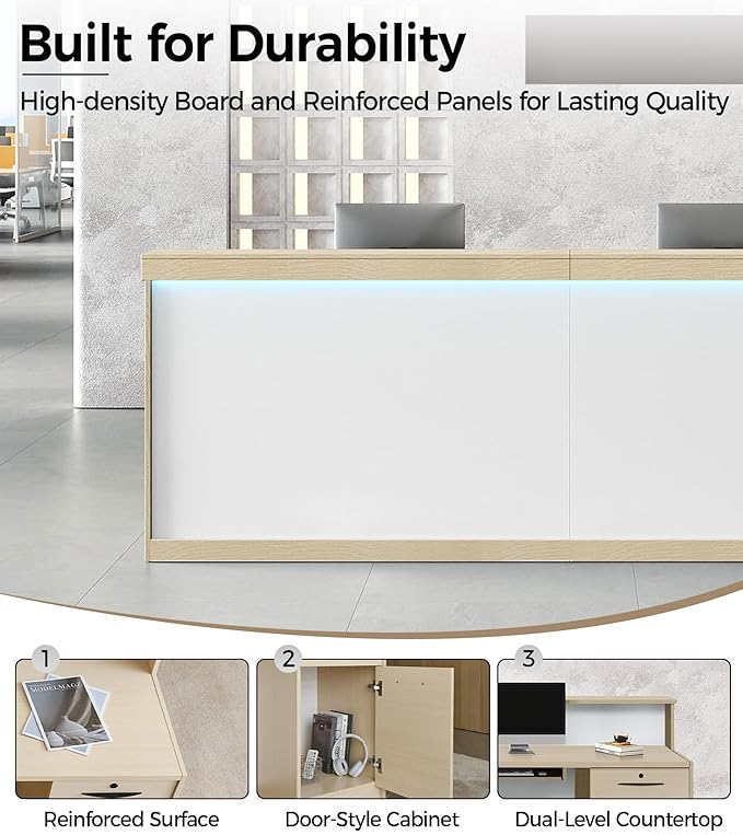 71" Modern Reception Desk with LED Lights, Front Desk Reception Counter with Lockable Drawer, Storage Cabinet & Keyboard Tray for Office, Salon, Checkout (Maple + White)