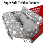 Soft Pillow Attached 2-in-1 Shopping Cart and High Chair Cover for Baby, Cotton Padded Cart Cover, Fold'n Roll Style, Portable with Carry Bag (Gray Stars)