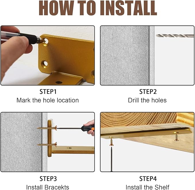 6 PCS Gold Steel Heavy Duty Brackets Without Lip, 6 Inch Supports DIY for Shelves Bracket with 5mm Thick, Industrial Modern Floating Shelf Support for Wall Mount Shelves