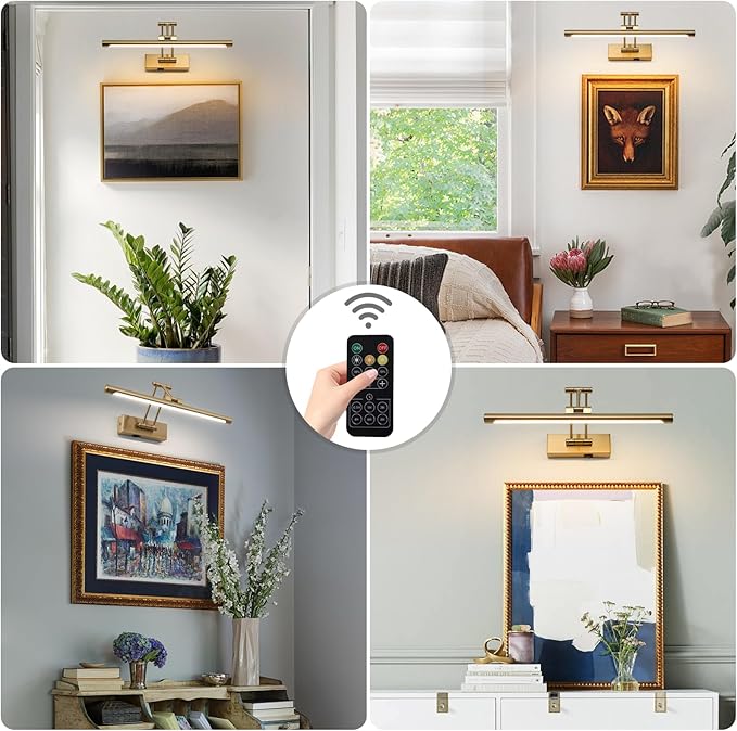 Battery Picture Lights for Wall, Rechargeable Gallery Light Wireless Art Display Lights with Dual-Rods Swing Arm Brass Painting Light with Remote & Timer 3CCT Dimmable Wall Sconces for Portrait 16”