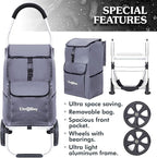 Ultra-Lightweight Gray Foldable Shopping Cart for Groceries Large 42L Capacity Rubber Wheels, Removable Insulated Bag Liner, Durable Aluminum Frame, Multi-Function Personal Hand Truck