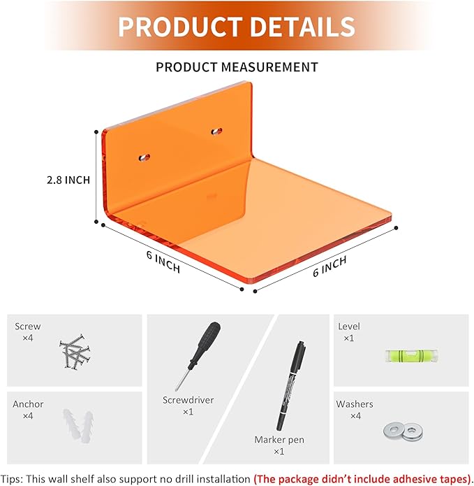 6 Inches Small Orange Wall Shelves Set of 2, Wall Mounted Display Shelf Rack for Bedroom, Living Room, Smart Speaker, Clock, Decoration, 2 Pack