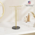 Gold Necklace Holder Jewelry Organizer Stand – Adjustable Height T‑Bar Jewelry Display with Dark Gray Marble Base, Necklace & Bracelet Holder, Countertop Jewelry Stand