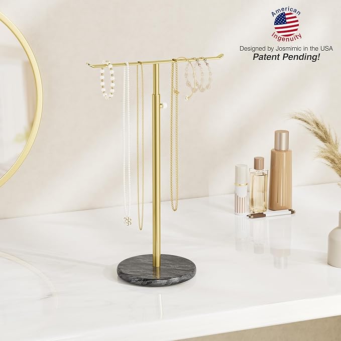 Gold Necklace Holder Jewelry Organizer Stand – Adjustable Height T‑Bar Jewelry Display with Dark Gray Marble Base, Necklace & Bracelet Holder, Countertop Jewelry Stand