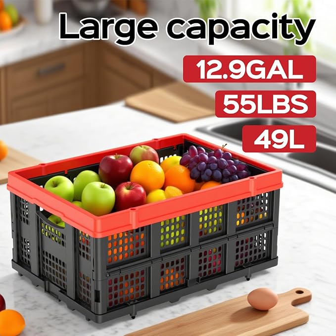 49L Collapsible Crate, Milk Crate for Storage, Foldable Storage Crate, Stackable Crate for Organizing for Home, Shopping, Camping, School, Office, Warehouse, Red