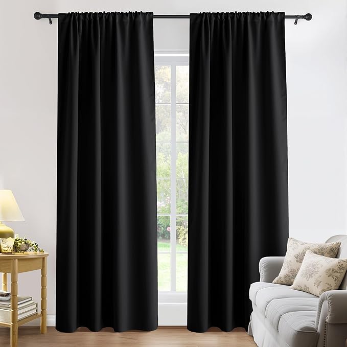 PONY DANCE Blackout Curtains for Bedroom 96 inches Long 2 Panels Set, Thermal Insulated Rod Pocket Black Out Window Drapes, Noise Reducing Window Treatment for Living Room(W52 x L96 inch, Black)