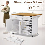 52" Retro Kitchen Island with Storage, Embossed Texture Kitchen Island on Wheels with Drop Leaf, Adjustable Shelf & Oak Veneer Tabletop, Spice/Towel Rack, White