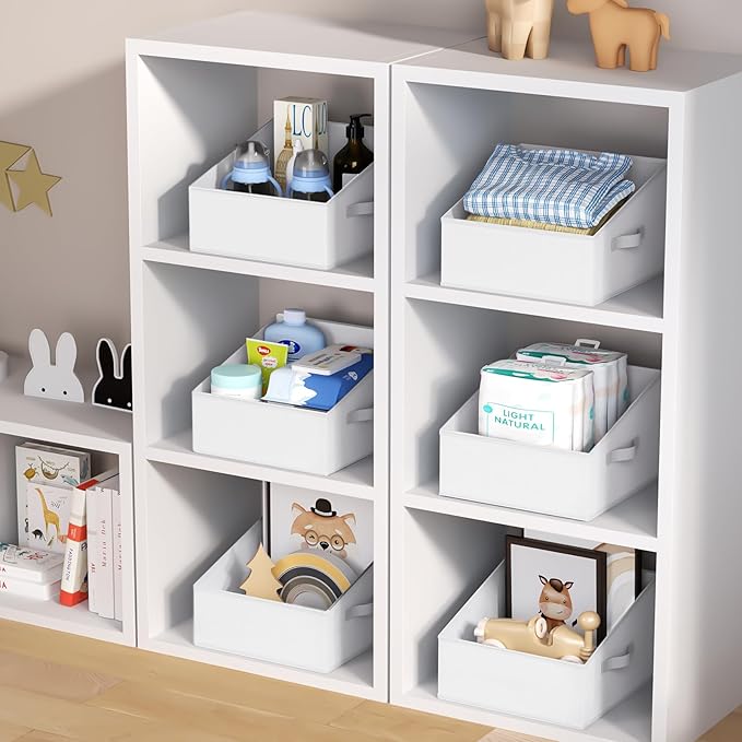 DIMJ Closet Storage Bins 6 Pack - Fabric Trapezoid Organizer Bin, Foldable Storage Baskets for Shelves, Closet Shelf Organizer, Clothing Storage Box for Toys, Books, Towel, Clothes, White