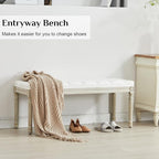 LOULENS 43.9" Linen Fabric End of Bed Bench, Vintage French Upholstered Button Tufted Entry Bench, Window Seat with Carved Wood Legs for Bedroom, Living Room, Entryway, Foyer, Hallway, White
