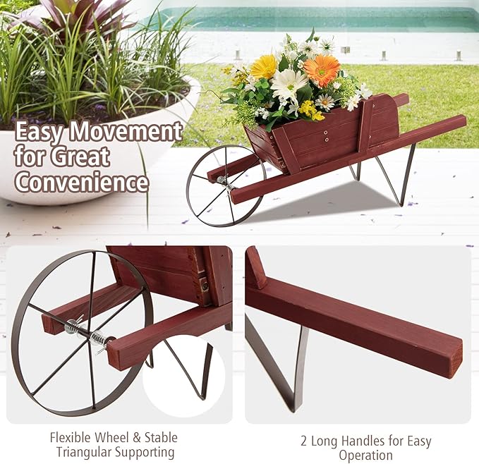 Wooden Wagon Planter, Flower Cart Display Stand w/Metal Wheels & Removable Magnetic Decoration, Wagon Decorative Garden Planter for Plants & Seasonal Displays, Pine Wood (Red)