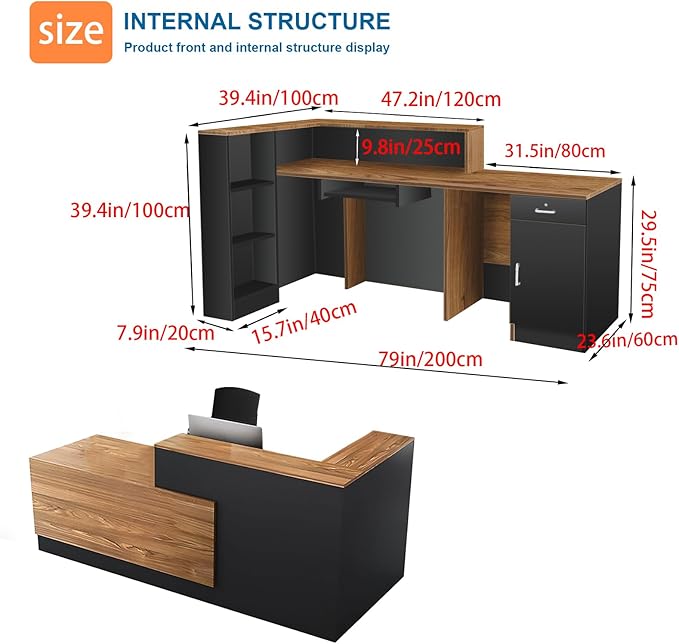 L-Shaped Reception Desk with Counter and Lockable Drawers and Storage Tall Modern Front Desk Reception Counter for Checkout Lobby Beauty Salon A Right 79inch/200cm