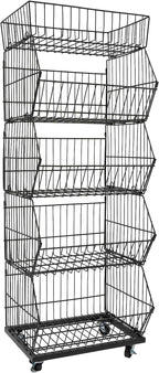 5 Tier Retail Display Rack, Rolling Storage Rack 5 Layers 18.9*17.72*55.12in Metal Display Shelf Fruit Vegetable Snack Basket Storage Supplies for Home Store Market (Black, 48*45*140cm)