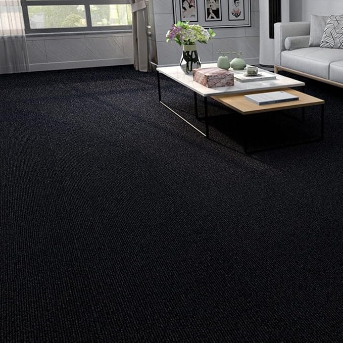 Carpet Tile 24” X 24” Self Adhesive Carpet Floor Tiles Anti-Slip Reusable Carpet Squares Peel and Stick Carpet Floor Tile Easy Install DIY for Bedroom Living Room (21, Black)