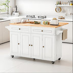 59’’ Rolling Kitchen Island Cart with Drop Leaf and Power Outlet, Movable Kitchen Islands with 3-Tier Door Storage Shelf, Island Table on Wheels, 2 Large Drawers, Towel Racks, White