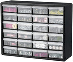 Akro-Mils 24-Drawer Plastic Drawer Storage Cabinet for Garage Organization, Bead Organizer, Building Bricks Storage, Teacher Toolbox, Makeup Organizer, 20" W x 6" D x 16" H, 10724 Black