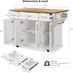 Yayzy Rolling Kitchen Island with Drop Leaf, 3 Drawers & 4 Cabinet Doors, 54” Mobile Kitchen Cart with Rubberwood Top, Side Storage Racks & Locking Wheels for Dining Room & Kitchen, White