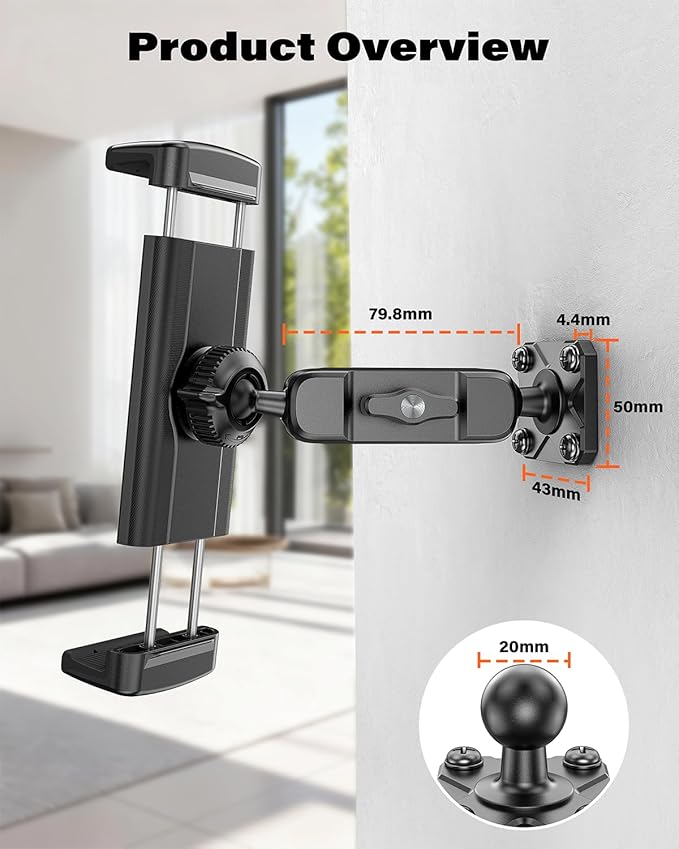 A2C for iPad Wall Mount, Heavy Duty Drill Mount Tablet Holder for Walls Kitchens, Metal Base & Arm 360° Adjustable Wall Mount for iPad Compatible with 4.7”-13” Devices