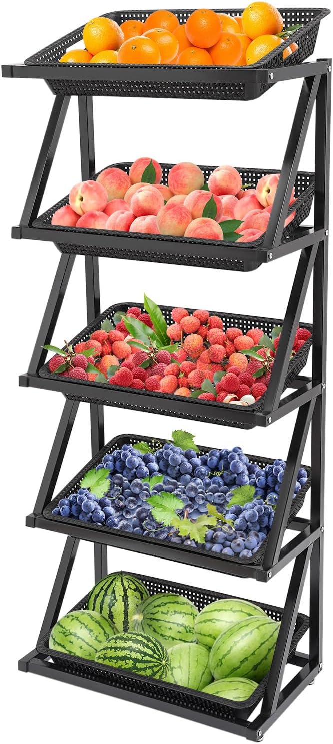 5 Tiers Retail Display Rack, Single Row Commercial Market Shelf Fruit and Vegetable Basket Stand Rack Set Snack Pantry Shelf Unit for Kitchen, Office, Store