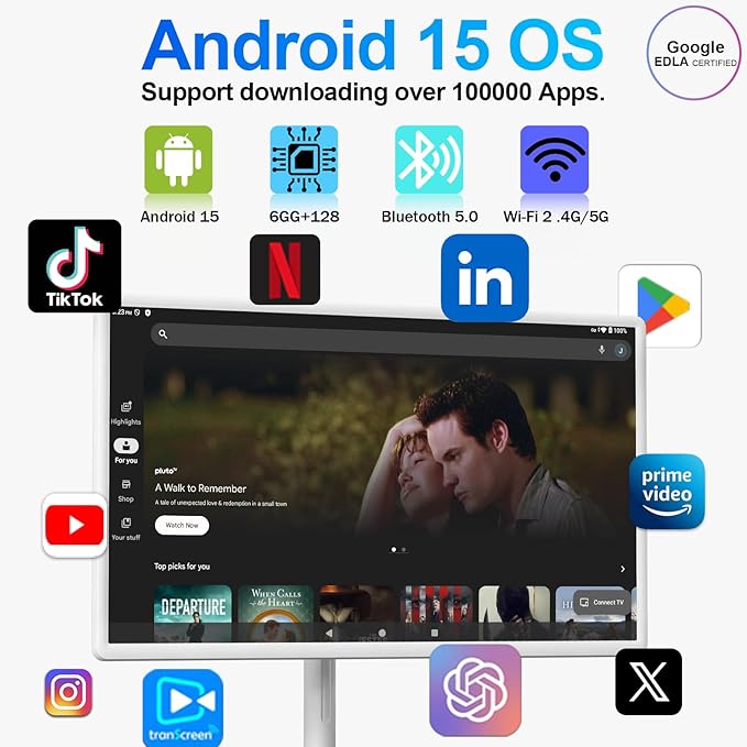 32-Inch FHD Smart Portable TV on Wheels, Rolling TV 1080P Touch Screen Android 15 OS Monitor, EDLA-Certified, 6G RAM + 128GB, 8MP Camera, Built-in 6–8H Battery, Full Swivel Rotation, Voice Remote
