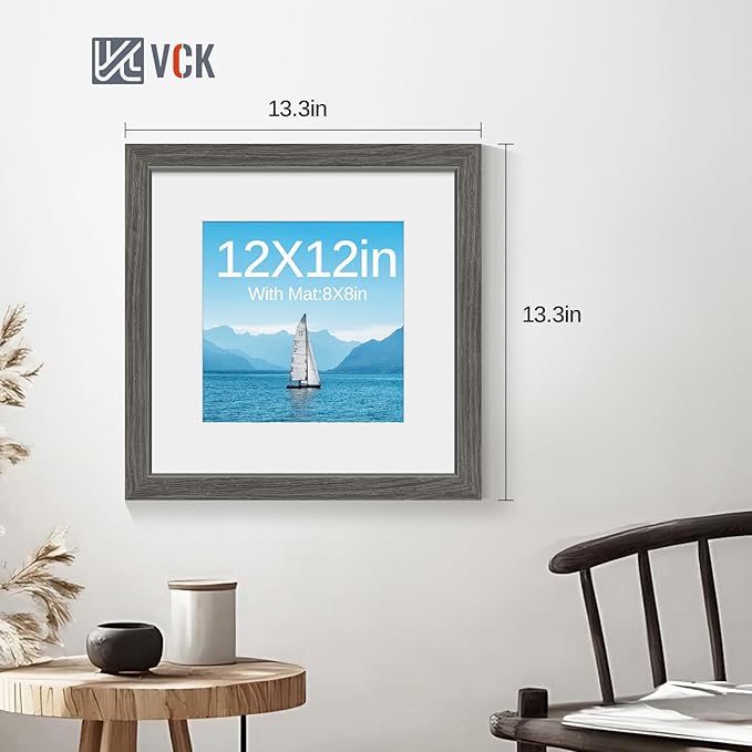 VCK 12x12 Picture Frame 2 Pack - Grey, High-End Wood Poster Frames with Tempered Glass, Display 8x8 Photo with Mat or 12x12 without Mat, Art Gallery-Quality, Wall Hanging, Grey