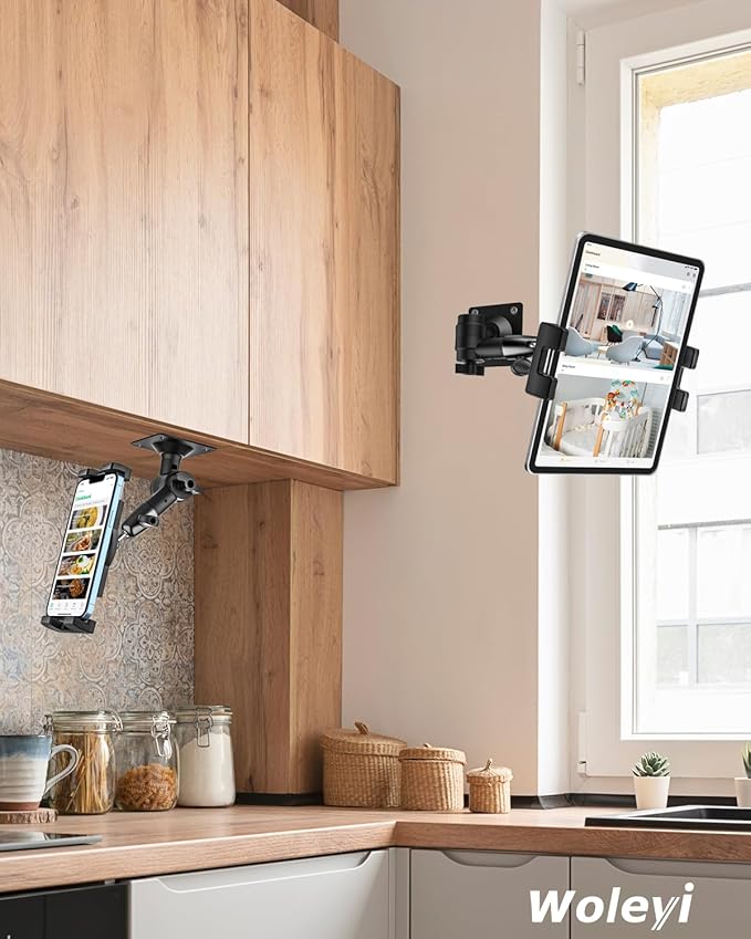 woleyi Tablet Wall Mount for iPad - [360° Adjustable Arm] Tablet Holder Stand for Kitchen Cabinet, Under Counter, Desk, for 4-13" Device iPad Pro, Air, Mini, Phone, Galaxy Tab, Z Fold, Fire HD, Switch