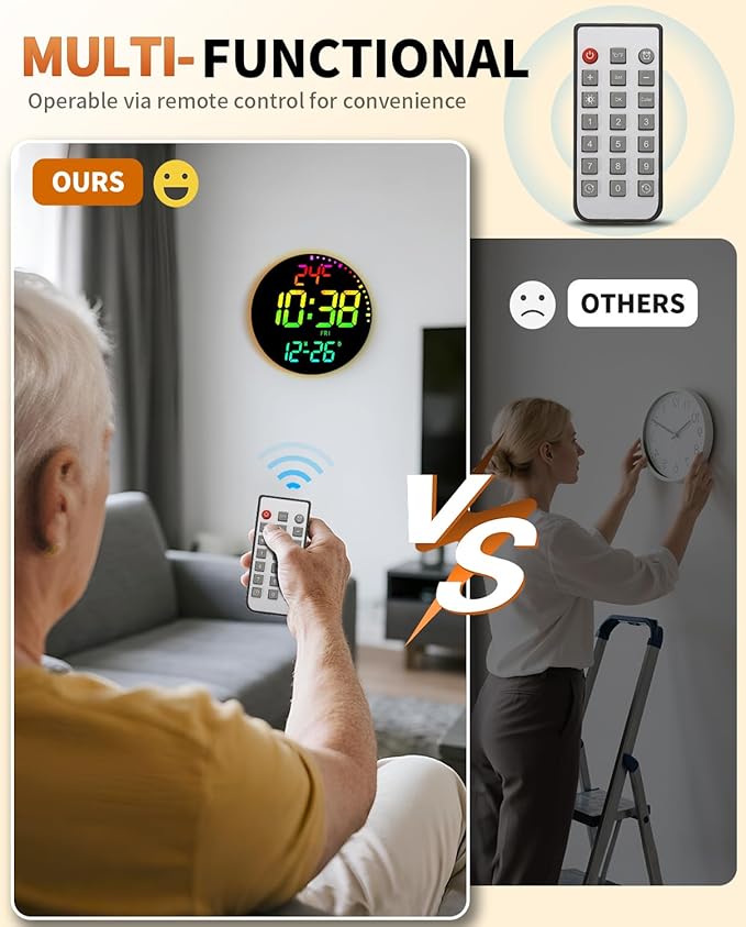 12" Large Digital Wall Mount Clock, Count Down Timer, Alarm, Big LED, 12 RGB Color, Temperature for Living Room Classroom Desk, Xmas, Birthday Gift for Senior Mom Dad (Round)