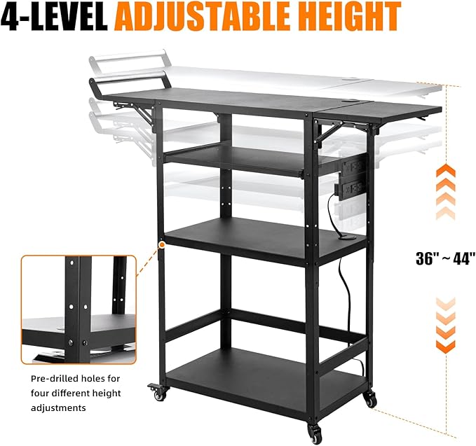 All-Steel AV Cart with Wheels and Power, Height Adjustable Media Workstation with Drop-Leaf Shelves for Projectors, Laptops & Printers, Heavy Duty Presentation Cart with Pull-Out Keyboard Tray
