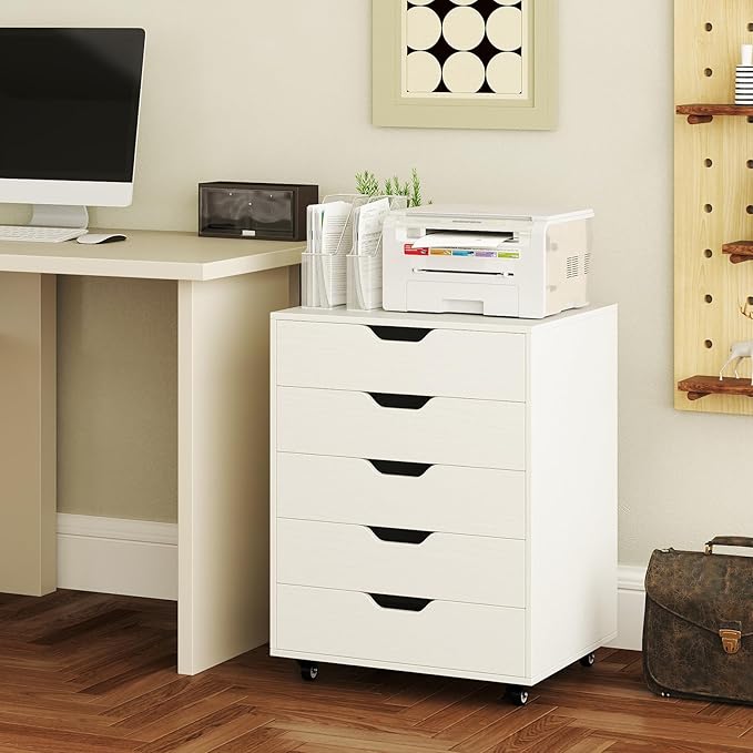 LOKO 5-Drawer Storage Cabinet, Versatile Drawer of Chest with Lockable Wheels, Mobile Office Lateral File Cabinet, for Home Office, Study (White, 16" D x 19.5" W x 25.5" H)