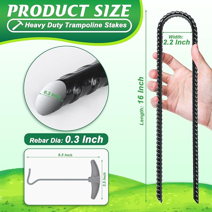 Gtongoko Trampolines Wind Stakes 16 Pack 16 Inch, 0.3 Inch Thick Heavy Duty U Shaped Rebar Tent Stakes Ground Anchors Galvanized Steel Safety Trampoline Anchors for Camping Tents, Soccer Goals