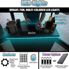 PartyLife New & Improved Portable Bar Table w/LED Lights, Wireless Remote, Folding Legs, 2 Bar Skirts, Heavy-Duty Storage Shelf & Carrying Case - Black