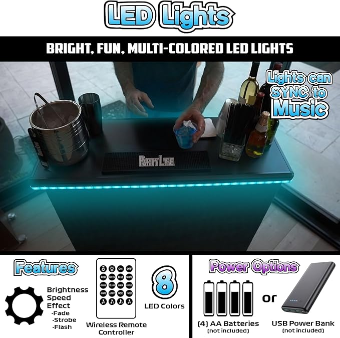 PartyLife New & Improved Portable Bar Table w/LED Lights, Wireless Remote, Folding Legs, 2 Bar Skirts, Heavy-Duty Storage Shelf & Carrying Case - White