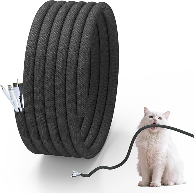 Cord Protector from Pets no Chew, 10FT-1/2inch Cord Managment Cable and Wire Protector from Rabbits, Cats and Other Pets Black