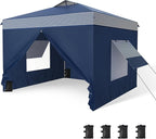 PHI VILLA 10x10 Pop Up Canopy Tent with Sidewalls - Easy Up Tent with Mesh Windows for Ventilation, Waterproof Design - Ideal for Parties, Beach, and Outdoor Events (Navy Stripe)