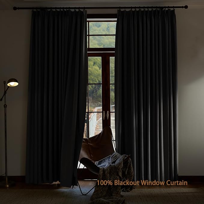 Textured Linen Pinch Pleated 100% Blackout Curtains for Bedroom/Living Room Blackout Curtains 102 Inches Long, Energy Saving Window Treatment Curtains,100Wx102Lx2,Grey