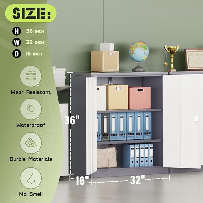 Incbruce 36” Metal Storage Cabinet, Locking Steel Storage Cabinet with 2 Doors and 2 Adjustable Shelves, Small Lockable Tool Storages Cabinet for Garage, Home, Office (Grey White)