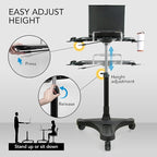 EHO Mobile Laptop Desk Cart with Wheels, Height Adjustable Standing Desk with Pneumatic Lift, Rolling Workstation with Mouse Tray and Cup Holder, Portable Table for Home Office or Classroom
