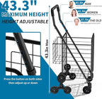 Grocery Shopping Cart with Waterproof Liner Stair Climber Utility Cart Easily Collapsible Cart with Tri-Wheels, 66lb Extended Foam Cover, Trolley for Stair, Laundry, Travel (Black-)