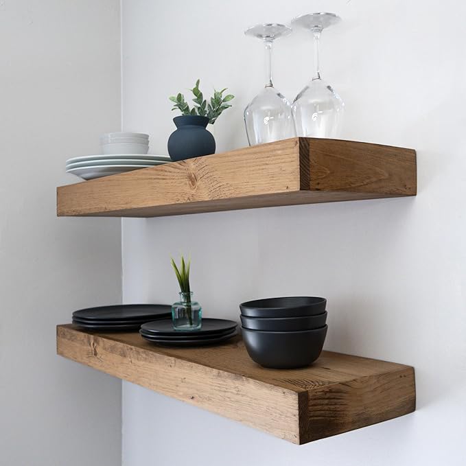 Urbandi Modern Floating Shelves 3 Inches Thick for Wall, Wide Shelves for Kitchen, Living Room, Bedroom, and Bathroom, Natural Pine Wood, Rustic Wooden Shelf, (Set of 2) (Aged Oak, 48Lx3Hx6D)