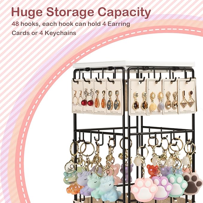 360 Rotating Earring Display Stands for Selling, Earring Rack Display Holder Stand, Jewelry Display for Vendors Selling Earring Cards, Necklaces, Bracelets, Hair Accessories (48 Hooks)