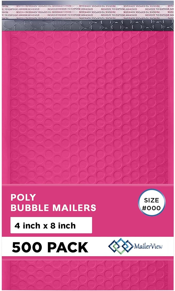 Hot Pink Small Bubble Mailers 4x8 Inch #000 | Thick Padded Poly Bubble Mailer Envelopes | 500 Pack Bulk | Trading Card Sports Card Shipping