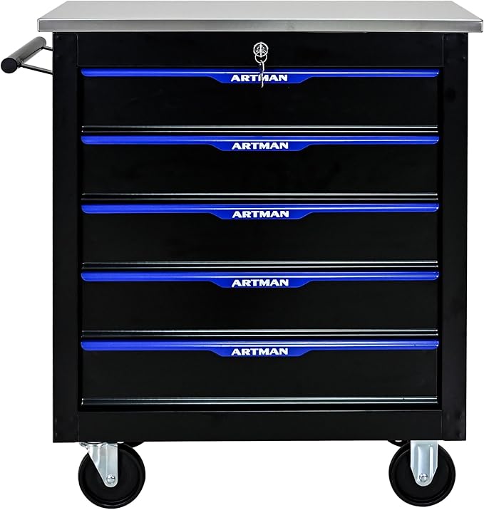 5 Drawer Rolling Tool Chest with Locker, 25.9" D Metal Movable Lockable Tool Cart Box Multi-Functional Hardware Storage Cabinet Box for Warehouse Basement Home Pantry Garage