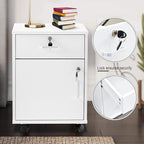File Cabinet with Lock and Drawer, Mobile Under Desk Storage Cabinet with 360° Swivel Wheels, Wooden Filing Cabinet File Organizer for Legal/Letter/A4 Documents, Home Office Filing Cart (White)