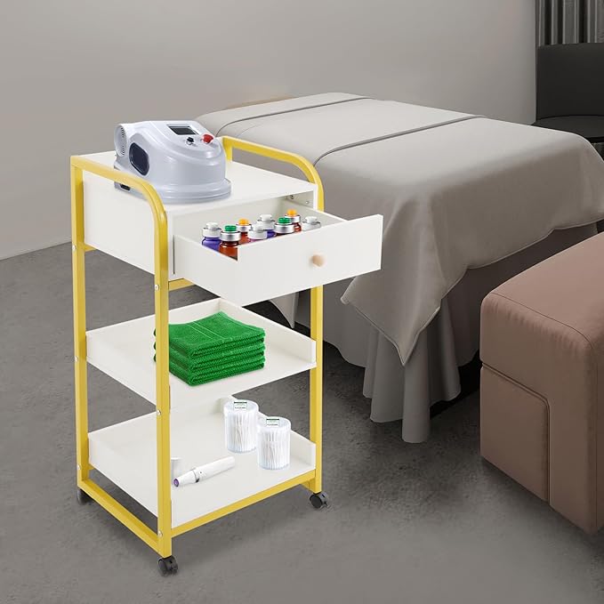 3-Tier Salon Trolley Cart w/Drawer & Shelves, Esthetician Carts w/Wheels Utility Storage for Barber Nail Spa Office, Gold, White