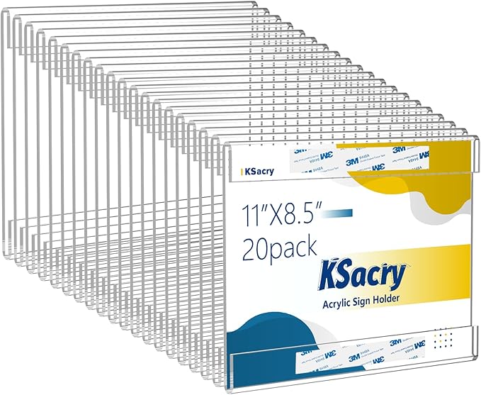 KSacry 20 Pcs Acrylic Sign Holder 11 x 8.5, Horizontal Wall Mount Sign Holders with 3M Adhesive, Clear Plastic Frames Paper Display Sign Holders for Office, Home, Store, Restaurant - No Drilling