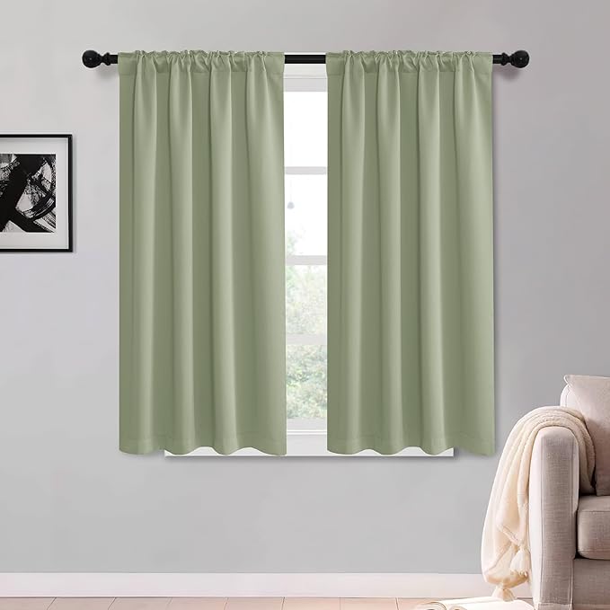 KGORGE Room Darkening Curtains 54 inch Length, Privacy Thermal Insulated Noise Reducing Small Window Treatments for Bedroom Kitchen, Back Tab Rod Pocket, W52 x L54 inches, Sage Green, 2 Panels