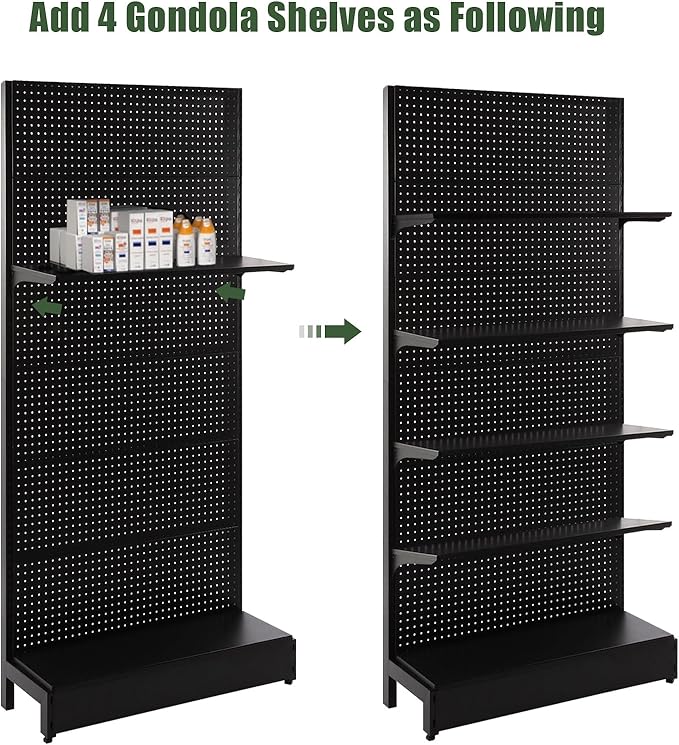 Pegboard Display Stand, Gondola Retail Shelving Wall Display for Convenient Grocery Office Supply or Liquor Stores, Single Side Peg Board Panels, Extra 20 Hooks, No Including 4 Shelves