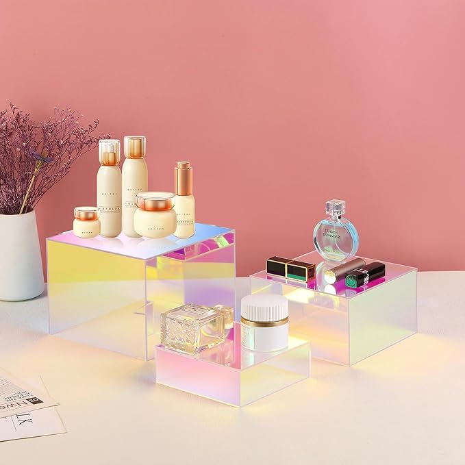 Risers Display Stands, Buffet Riser, Cubes Acrylic Display Box, Food Display Risers for Party, Acrylic Retail Display Stand, Nesting Showcase Display Riser, Craft Show Display Stand (3PCS-Iridescent)