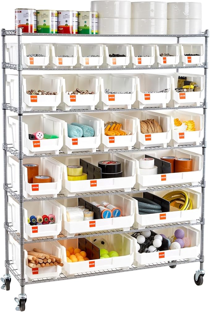 VEVOR 7-Tier Rolling Bin Storage Rack, 26 Organizer Bins, Bin Rack Storage Steel Wire Shelving System with Wheels, Mobile Tool Organizer for Garage, Warehouse, Office, Restaurant, Classroom, Kitchen